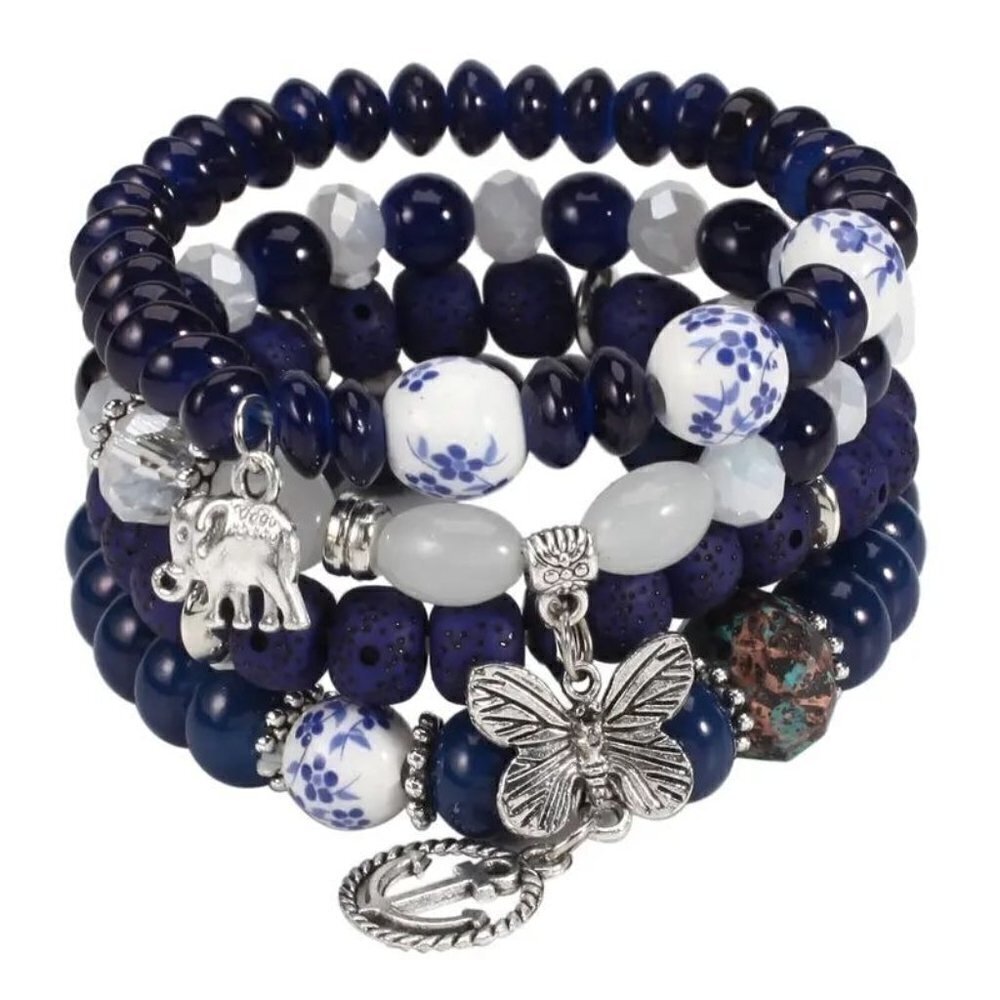 Bohemian Layered Glass Beaded Charm Bracelet (Sapphire)